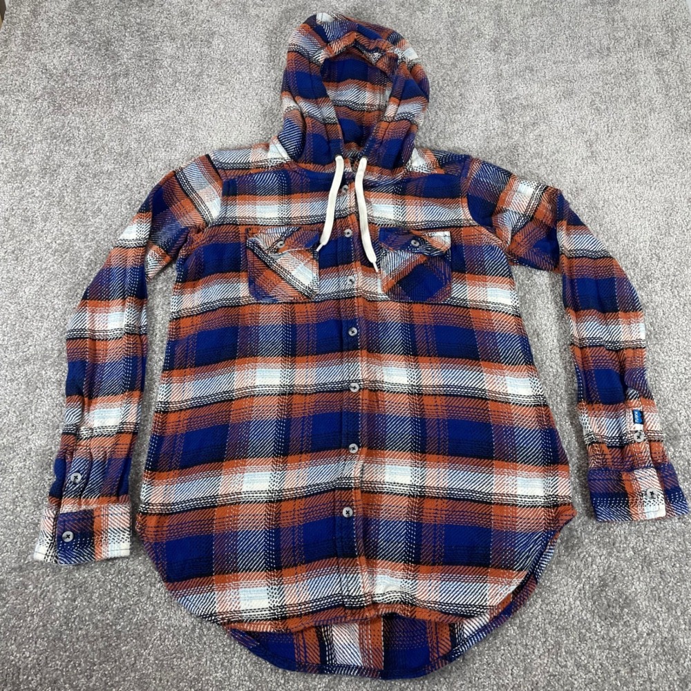 Kavu Hooded Flannel Shirt Womens Extra Small Jess Plaid Oversized Cotton Outdoor